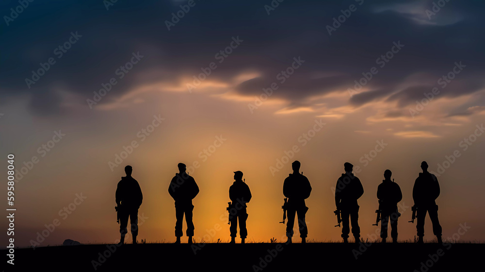 Fototapeta premium brave special force veterans military silhouettes on sunrise or sunset sky background, memorial and veteran day concept generative ai