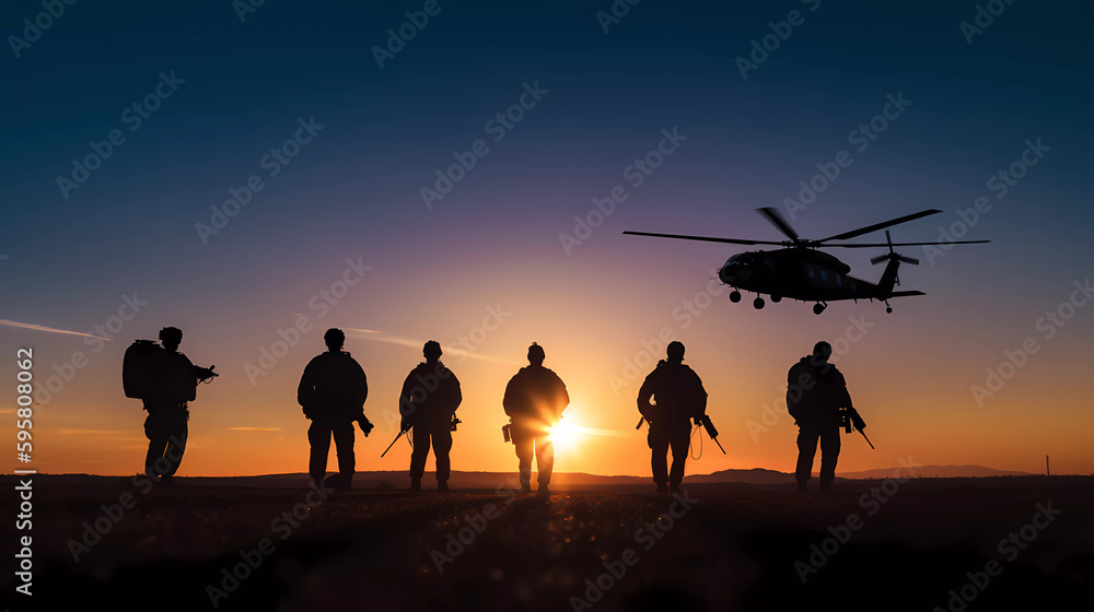 brave special force veterans military silhouettes on sunrise or sunset sky background, memorial and veteran day concept generative ai - obrazy, fototapety, plakaty 