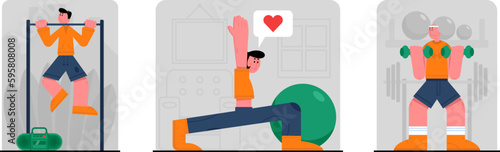 Set of cartoon characters of young people in sportswear training
