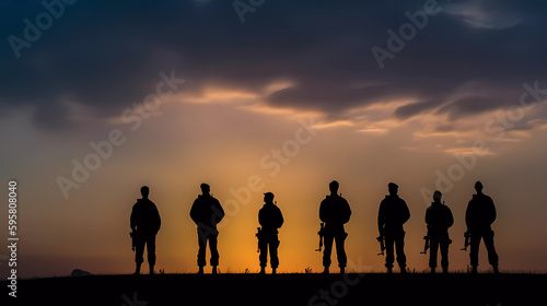 brave special force veterans military silhouettes on sunrise or sunset sky background, memorial and veteran day concept generative ai