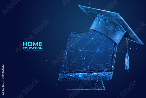 Virtual or Home Education. Computer monitor with Graduation Cap. Education, e-learning, online courses concept. Low poly wireframe vector illustration.