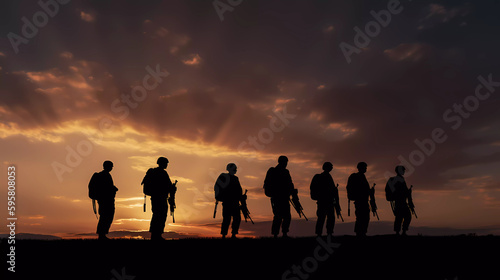 brave special force veterans military silhouettes on sunrise or sunset sky background, memorial and veteran day concept generative ai