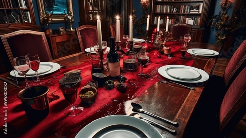 At a murder mystery dinner party, guests assume the roles of suspects, detectives, and witnesses as they enjoy a delicious gourmet meal and attempt to solve a thrilling whodunit. Generated by AI. © Anastasia