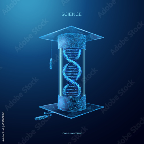 Science and Education concept. DNA and Graduation Cap. Abstract low poly wireframe vector illustration in technology blue on dark background.