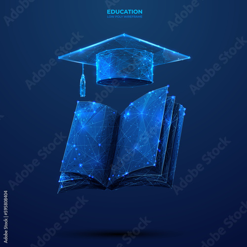 Abstract graduation cap over a book. E-learning or Education concept. Digital 3D Vector illustration in technology blue on dark background. Low poly wireframe style.