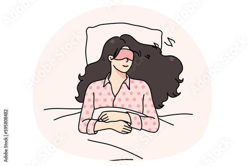 Calm young woman with eye mask lying relaxing in soft bed sleeping or taking nap. Relaxed millennial girl asleep in bedroom, see dreams at night. Relaxation and fatigue. Vector illustration.