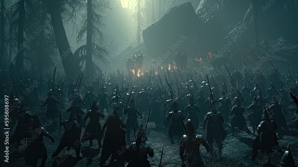 In an epic fantasy battle of massive proportions, armies of knights, elves, and orcs clash in a fight for the fate of their world. Generated by AI.