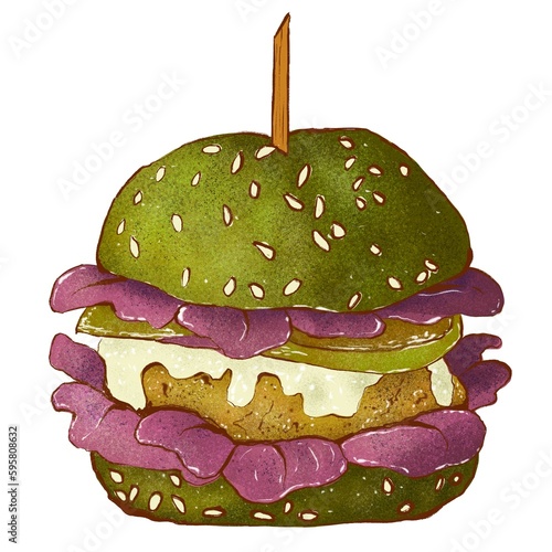 Vegetarian food. Beetroot burger with tomato, delicate sauce, microrgeen on green bread. Isolated on white background