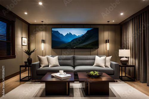 The interior design of a living room that's perfect for a movie lover, with comfortable seating and a large screen for watching films    Generative AI © CreativeCaptures