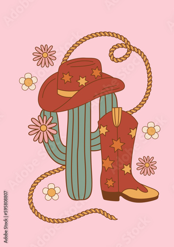 wild west poster with cactus, boot, cowboy hat