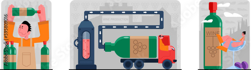Set of cartoon characters of young people engaged in manufacturing organic wine
