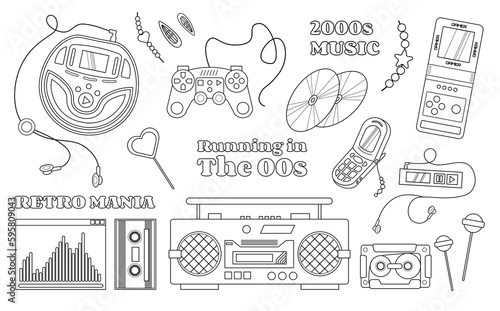 Retro 2000-2009 years objects in a line art, Y2K collection with old fashioned items, technology, text and decorations.