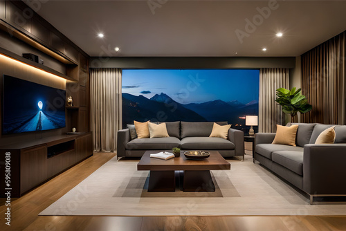 The interior design of a living room that's perfect for a movie lover, with comfortable seating and a large screen for watching films    Generative AI © CreativeCaptures