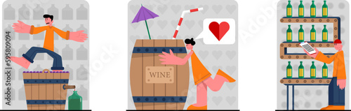 Set of different cartoon characters making wine from organic grapes