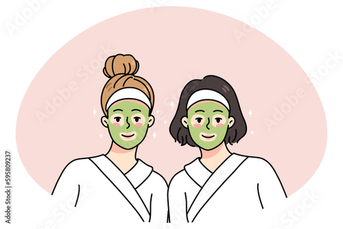 Portrait of smiling girlfriends in bathrobes with masks on face do beauty procedures. Happy women enjoy spa day together, perform facial treatment. Cosmetology. Flat vector illustration.