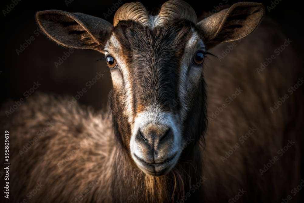 Portrait of a goat on a dark background, close-up. Generative AI Portrait of a goat on a dark background, close-up. Generative AI