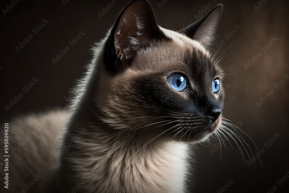 Portrait of Siamese cat with blue eyes on dark background, Generative AI