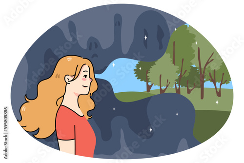 Smiling young woman look at world in optimistic positive light. Happy girl focus on good things ignore bad and negative. Stress free concept. Optimism and positivity. Vector illustration.