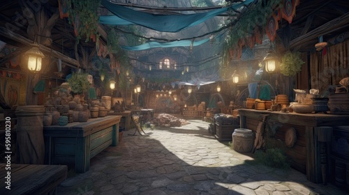 Enter a world of wonder and magic as you explore the bustling marketplace  filled with stalls and shops selling rare and exotic goods. Generated by AI.
