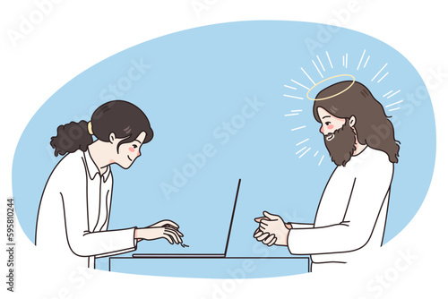 Businesswoman work on computer, Jesus Christ sit in front waiting for savior to help. Father lord watch woman using laptop guard or share love and care. Faith and religion. Vector illustration.