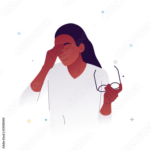 Vector illustration of a woman who took off her glasses because she felt dizzy. A character with closed eyes feels unsteady due to dizziness. Illustration for medical articles, posters.