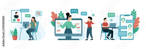 Set of cartoon characters of call center operators helping clients online