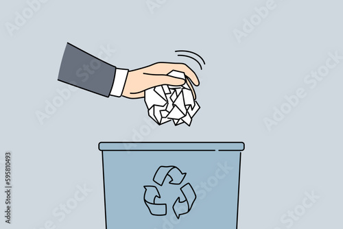 Man hand put paper in trash bin. Closeup of male throw crumpled paperwork in garbage container. Concept of recycling and waste sorting. Vector illustration. 