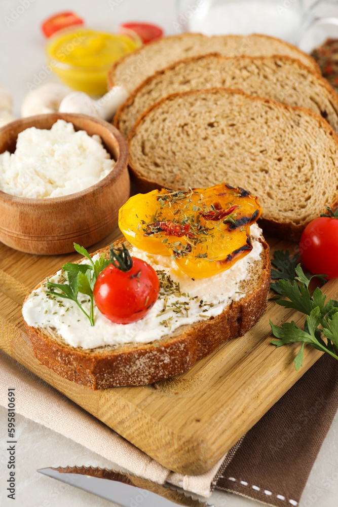 Toast with tasty grilled vegetables, concept of delicious appetizer Toast with tasty grilled vegetables, concept of delicious appetizer
