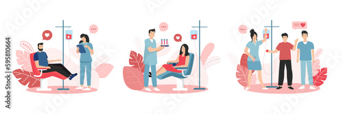 Set of cartoon characters of young people donating their blood in hospital
