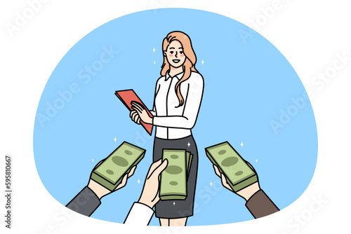 Diverse businesspeople with money in hands offer funding to successful businesswoman. Female employee receive finances from investors or bankers. Economy and budget. Vector illustration.
