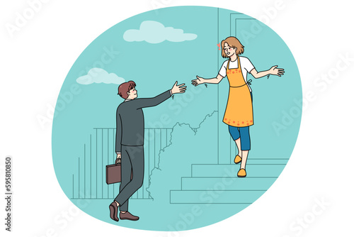 Happy woman stand on stairs meet husband coming home from work. Smiling housewife welcome man lover in own beautiful house. Couple and family relationship. Vector illustration.