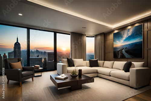 The interior design of a living room that s perfect for a movie lover  with comfortable seating and a large screen for watching films    Generative AI