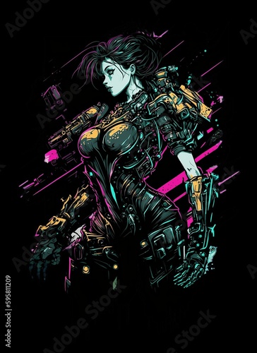 Cyberpunk T shirt Design. Illustration of a Colored Glitch.