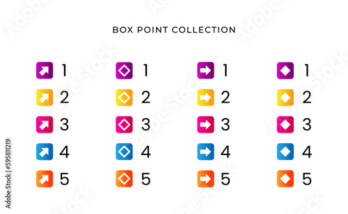 Colorful square number bullet list collection with gradient free vector