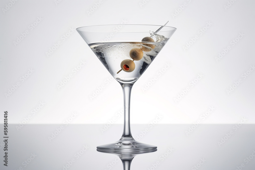 An Olive Martini Cocktail with bubbles on white background,  Created using generative AI tools.