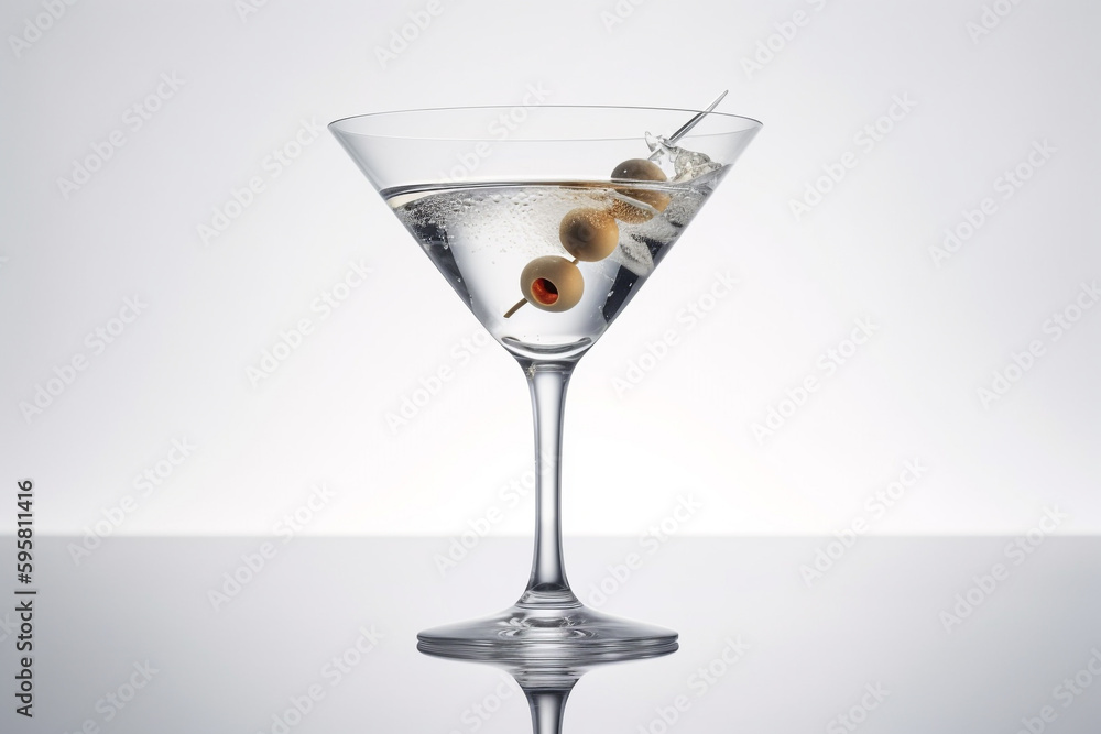An Olive Martini Cocktail with bubbles on white background, Created using generative AI tools. An Olive Martini Cocktail with bubbles on white background, Created using generative AI tools.