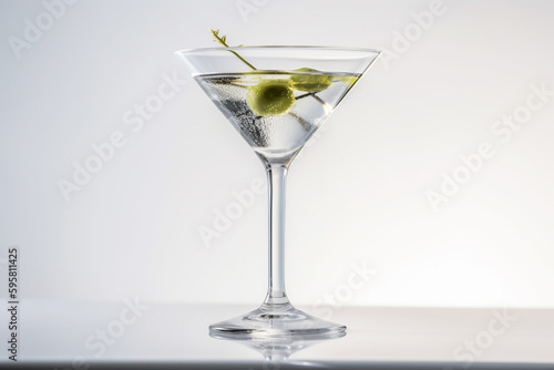 An Olive Martini Cocktail with bubbles on white background, Created using generative AI tools.