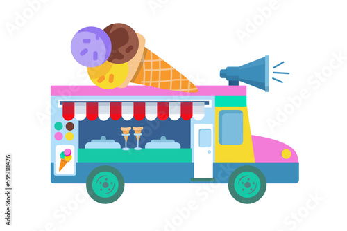 Brightly colored food truck with ice cream. Vector illustration in cartoon style. Isolated design object on white background. Transport and food. 