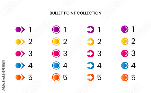 Colorful bullet point number collection with gradient free vector