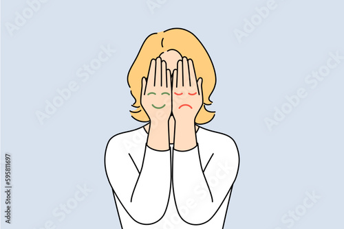 Woman cover face with hands with emojis of different mood states. Female suffer from bipolar disorder or mood swings. Psychological problem. Vector illustration. 