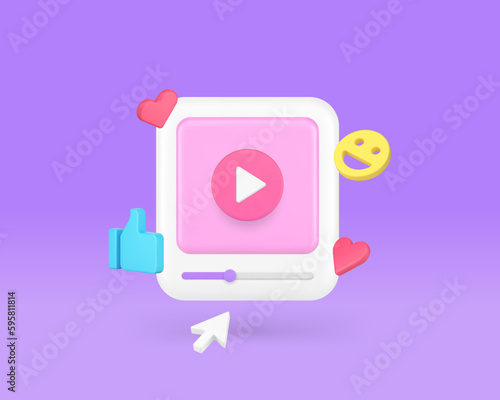 Video player social media network entertainment content live broadcasting 3d icon realistic vector