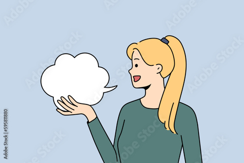 Smiling girl holding speech bubble express opinion or thought. Happy woman with talk balloon talk or say something. Vector illustration. 