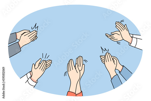 Close up of diverse people clap hands show appreciation and acknowledgement. Men and women businesspeople applaud feel grateful thankful for presenting. Vector illustration.