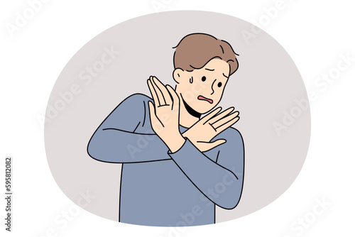 Panic stop and prevention concept. Young stressed man showing stop crossed hands sign feeling no wish to do trying to prevent something vector illustration