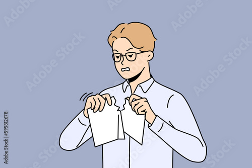 Angry businessman tear paper document distressed with business failure. Stressed male employee rip paperwork frustrated with crisis. Vector illustration. 