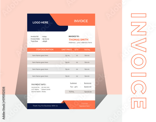 Creative Business Invoice Template. Professional Colorful Invoice Template. Modern Payment Agreement Design.
