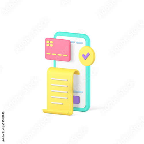 Online card payment smartphone banking application financial transaction receipt 3d icon vector
