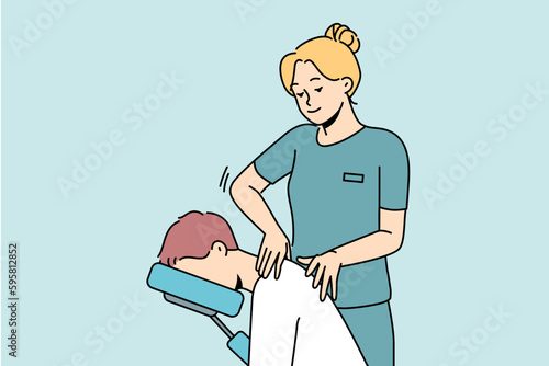 Female masseuse help patient with backache in clinic. Physiotherapist massage client in hospital. Healthcare and physiotherapy. Vector illustration. 