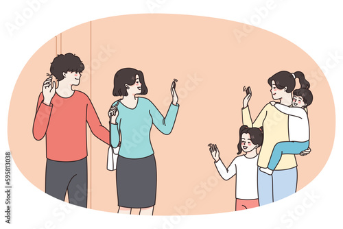 Happy young parents leave small kids with babysitter. Smiling mother and father say bye give children to nanny or nurse in kindergarten. Childhood and care. Flat vector illustration.