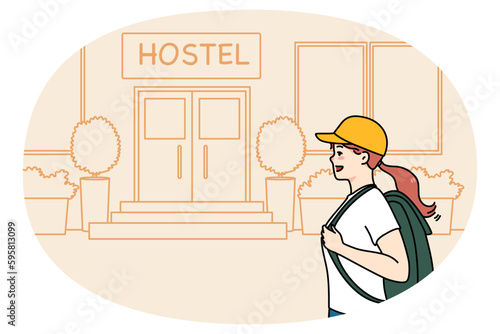 Happy woman tourist with backpack go to hostel for night accommodation. Smiling female traveler walk to hotel entrance. Travel and tourism concept. Flat vector illustration.